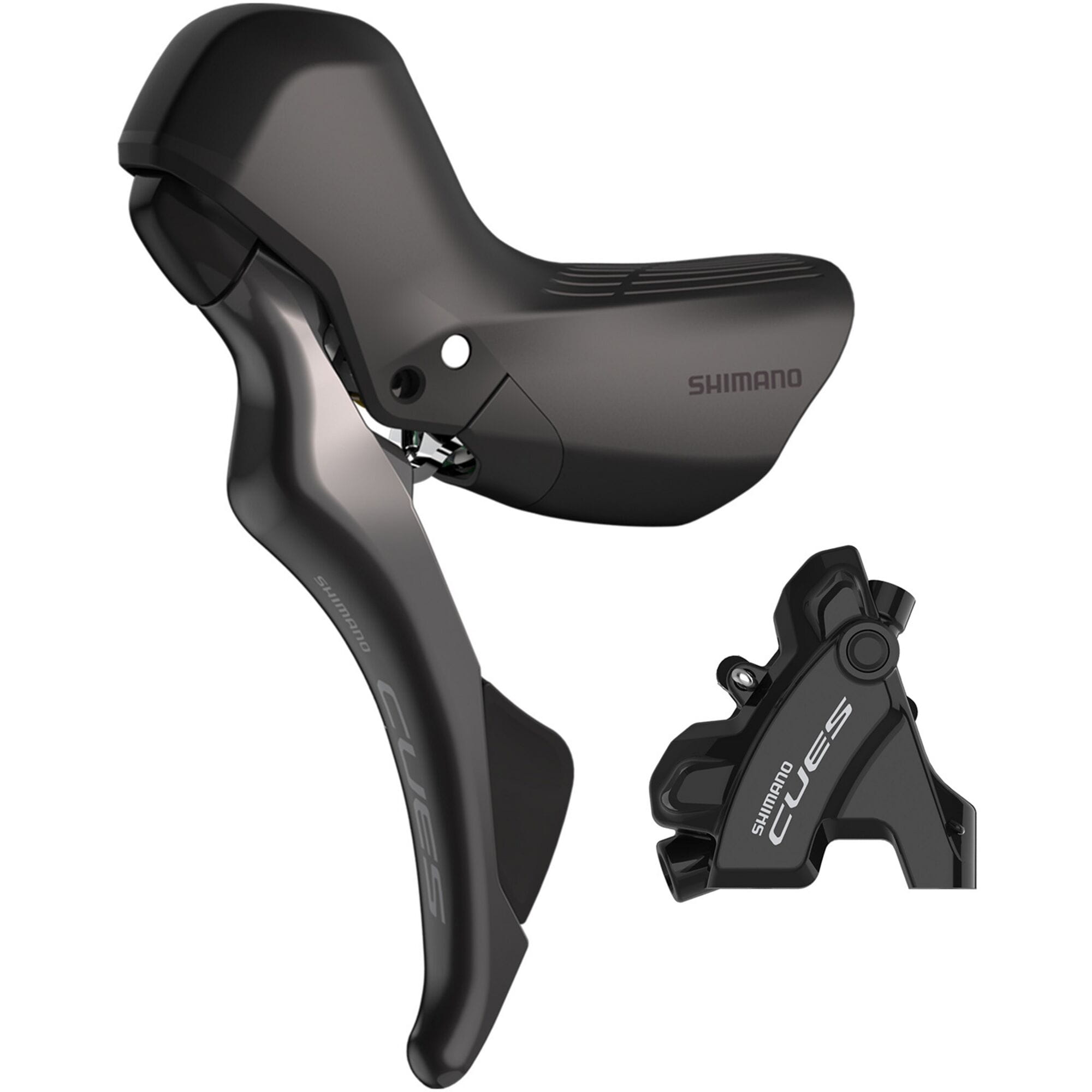 Shimano CUES ST-U6030 hydraulic mechanical STI shifter set with flat mount rear caliper for bike components.