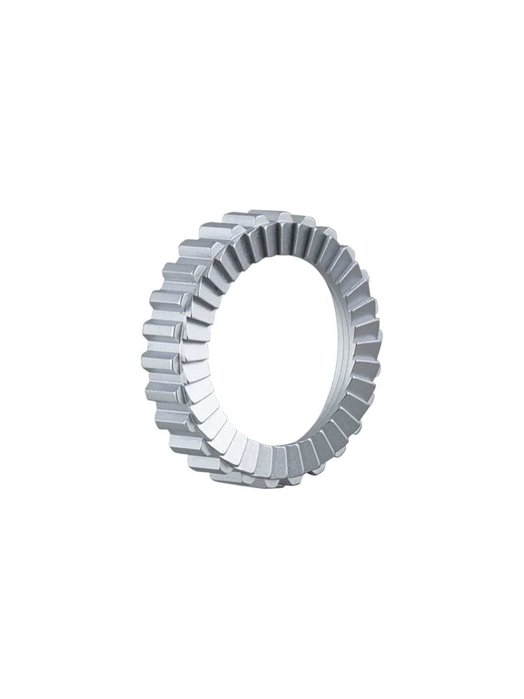 Silver Bontrager Ratchet EXP 36-Tooth Rear Hub with 142mm OLD, showcasing the precise ratchet mechanism and sleek metal finish.