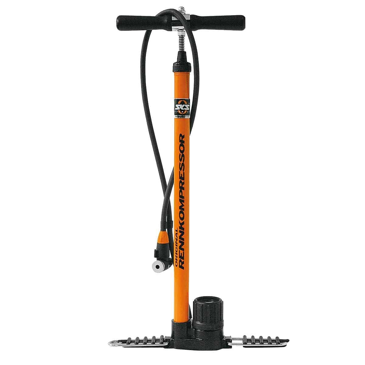 SKS Rennkompressor floor pump with orange MV head, high-pressure bicycle pump for inflating tires and bike accessories.