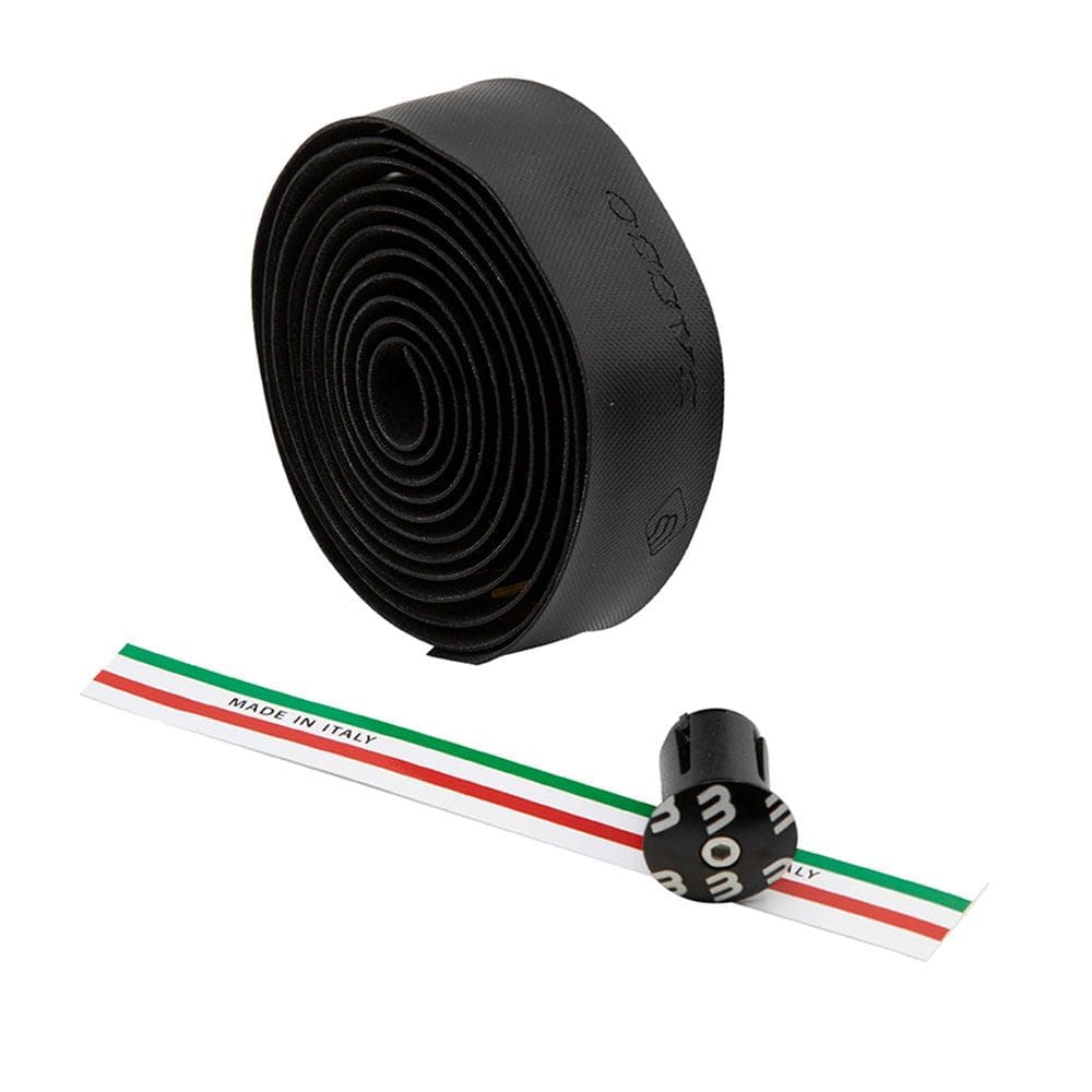Basso road handlebar tape with adhesive backing and expandable bar end plugs, shown wrapped around a bicycle handlebar.