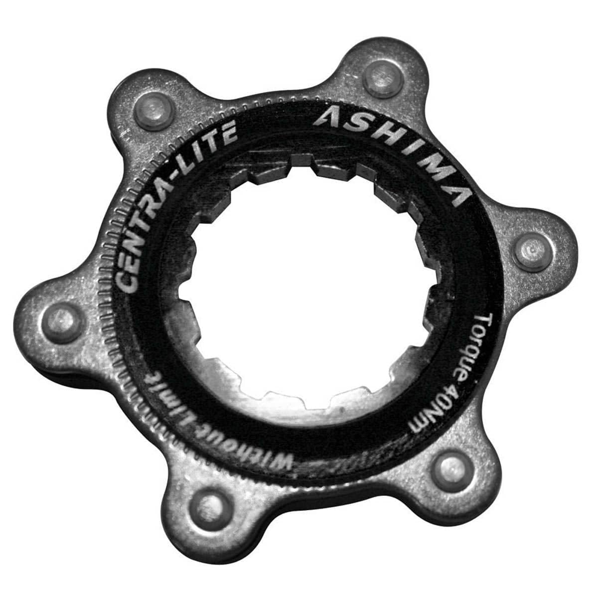 Ashima Ultra Light Centre Lock Hub Adaptor for Shimano 6-Bolt Rotors in black, showcasing the lightweight component design.