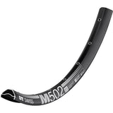 Black DT Swiss M 502 MTB rim with disc-specific, sleeve-joined construction and Presta valve holes for mountain biking components.