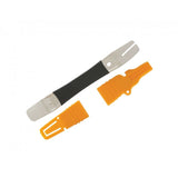 Jagwire yellow disc brake multi-tool with pad spacer, bleed block, and rotor truing fork for bike workshop maintenance.