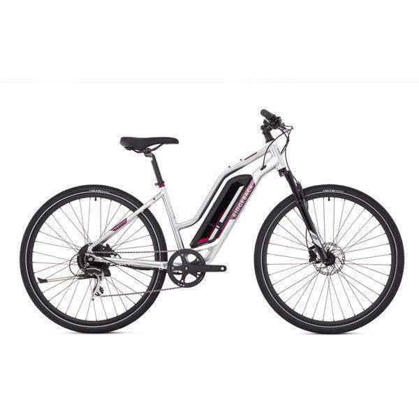 Ridgeback Arcus 1 open frame women’s e-hybrid bike with Shimano Acera gears and disc brakes, designed for versatile riding.