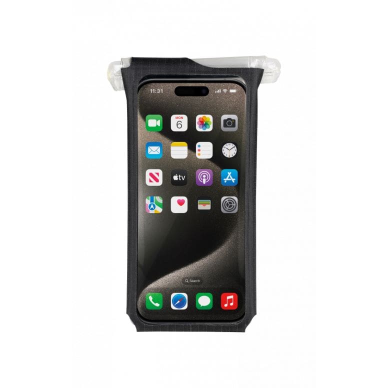 Topeak waterproof phone drybag with QuickClick® mount, designed for smartphones up to 6.9 inches, durable and water-resistant accessory.