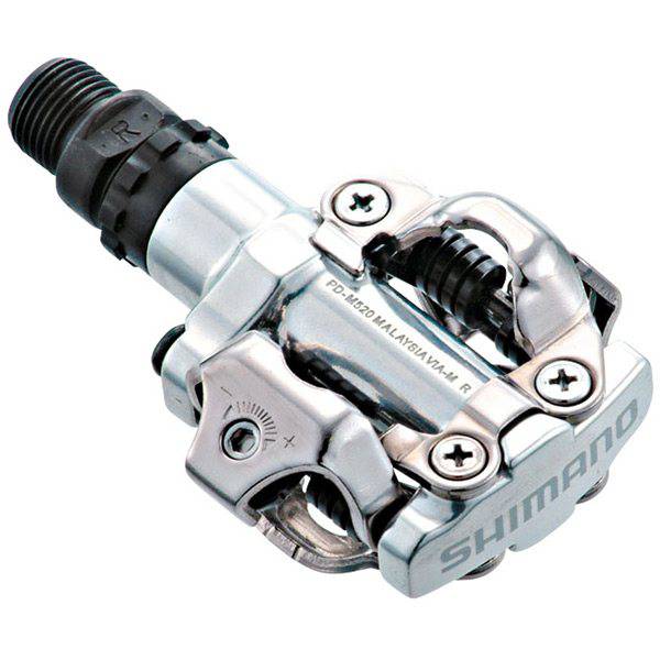 Shimano PD-M520 MTB SPD pedal with silver dual-sided clipless mechanism for mountain biking components.