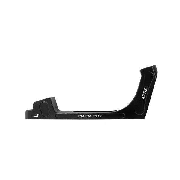 Aztec post mount to flatmount brake adapter for 140mm rotor calipers, showing the metal component with mounting holes.