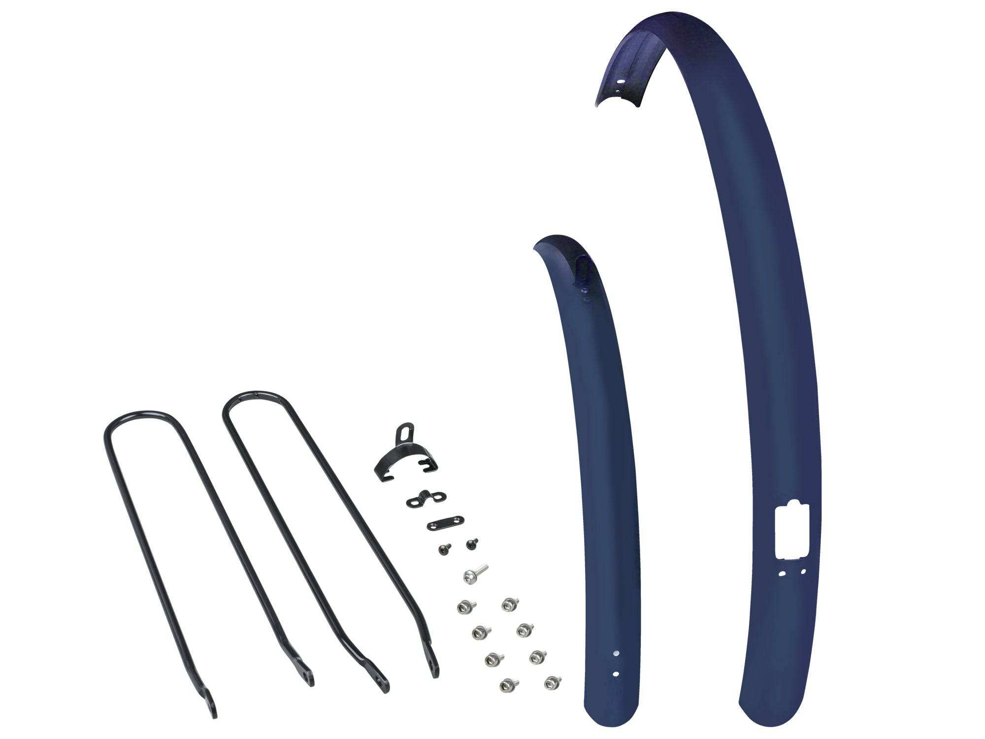 Trek Verve+ Fender Set with Struts, replacement road guards for bikes, black plastic bike fenders with mounting hardware.