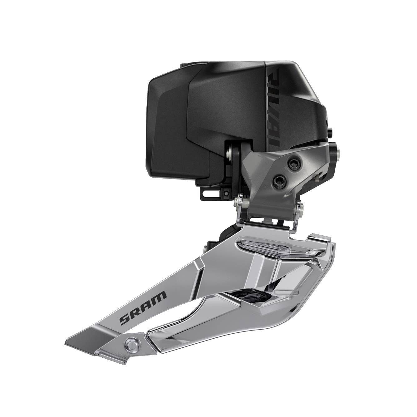 SRAM Rival AXS front derailleur wide D1 braze-on wireless eTap shifting component in black, designed for high-performance road biking.