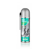 Motorex Wet Protect Spray bicycle chain lubricant in silver and green, biodegradable for wet riding conditions.