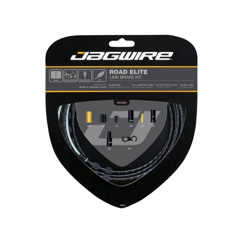 Jagwire Elite Link Road Bike Brake Cable Kit with aluminum link housing, showing cables and housing components on a white background.