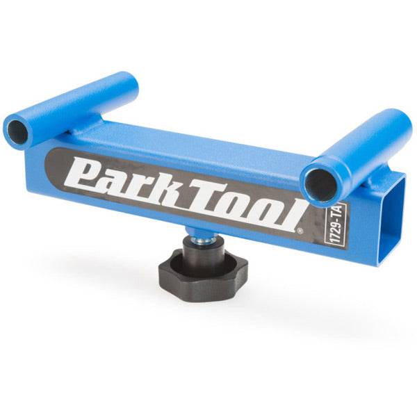 Park Tool 1729-TA sliding thru-axle adapter for PRS-20, PRS-21, and PRS-23 workshop bike workstands, showing its adjustable design.