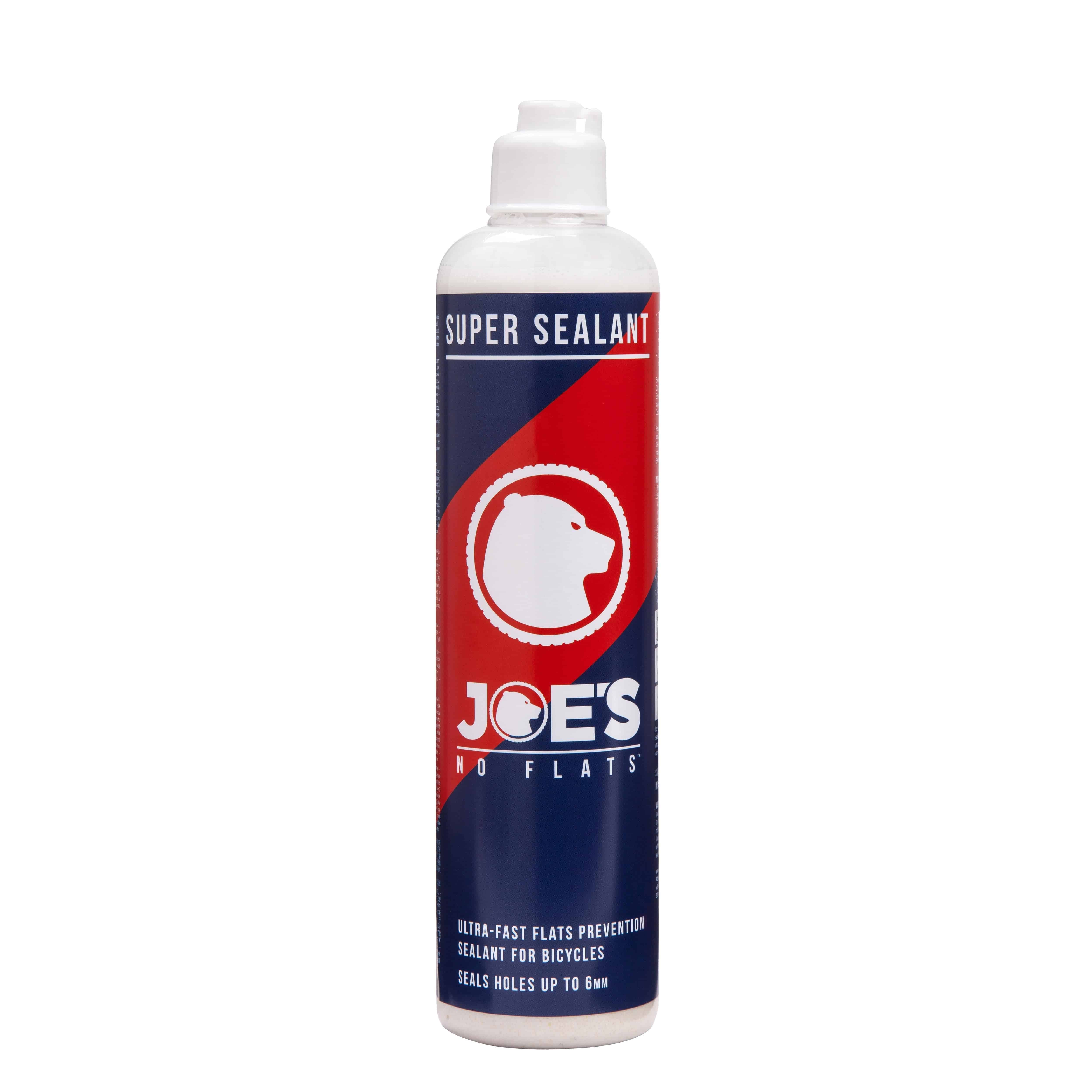 Joe's No Flats Super Sealant tubeless tire sealant for puncture repair, shown in a container for bicycle or motorcycle tires.