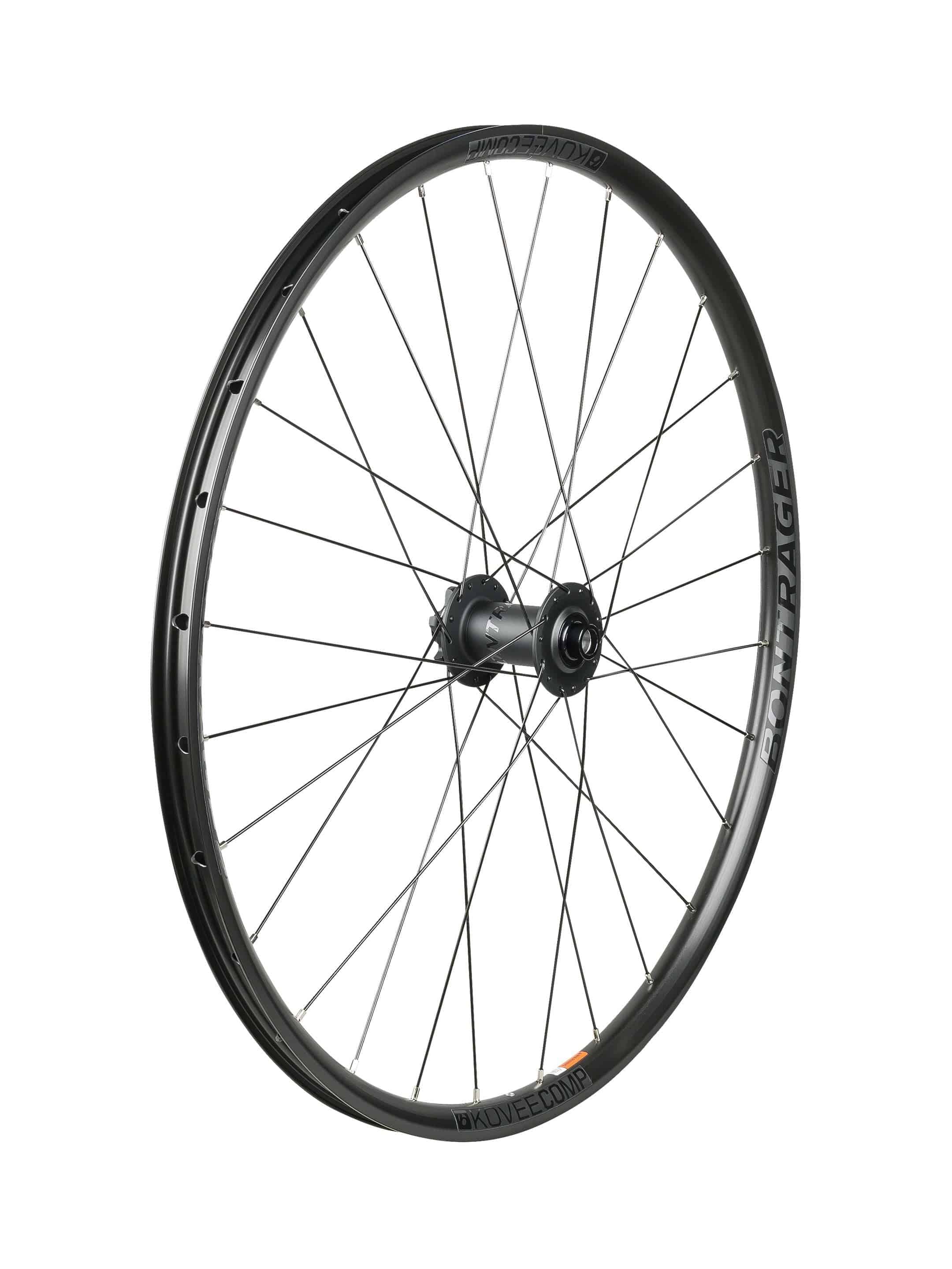 Bontrager Kovee Comp TLR 27.5 mountain bike rear wheel with tubeless-ready rim and 148mm hub spacing, black alloy design.