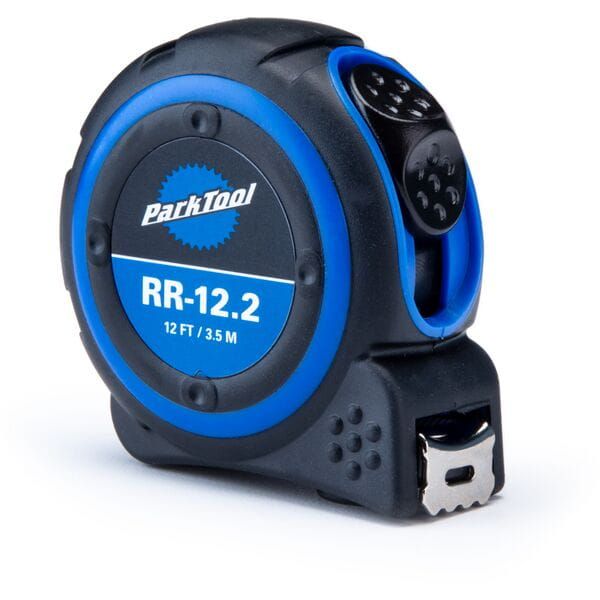 Park Tool RR-12.2 tape measure with 3.65m length, metric and imperial markings, retractable workshop tool in use.