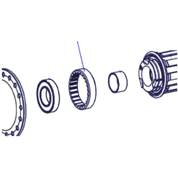 Steel DT Swiss M34 x 1 mm external screw thread ring nut for 3-pawl hubs, shown in close-up with threading details.