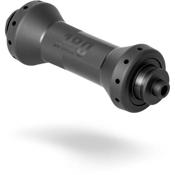 DT Swiss 180 Straight Pull Front Hub with 100mm quick release, 20 black holes, bicycle wheel component.