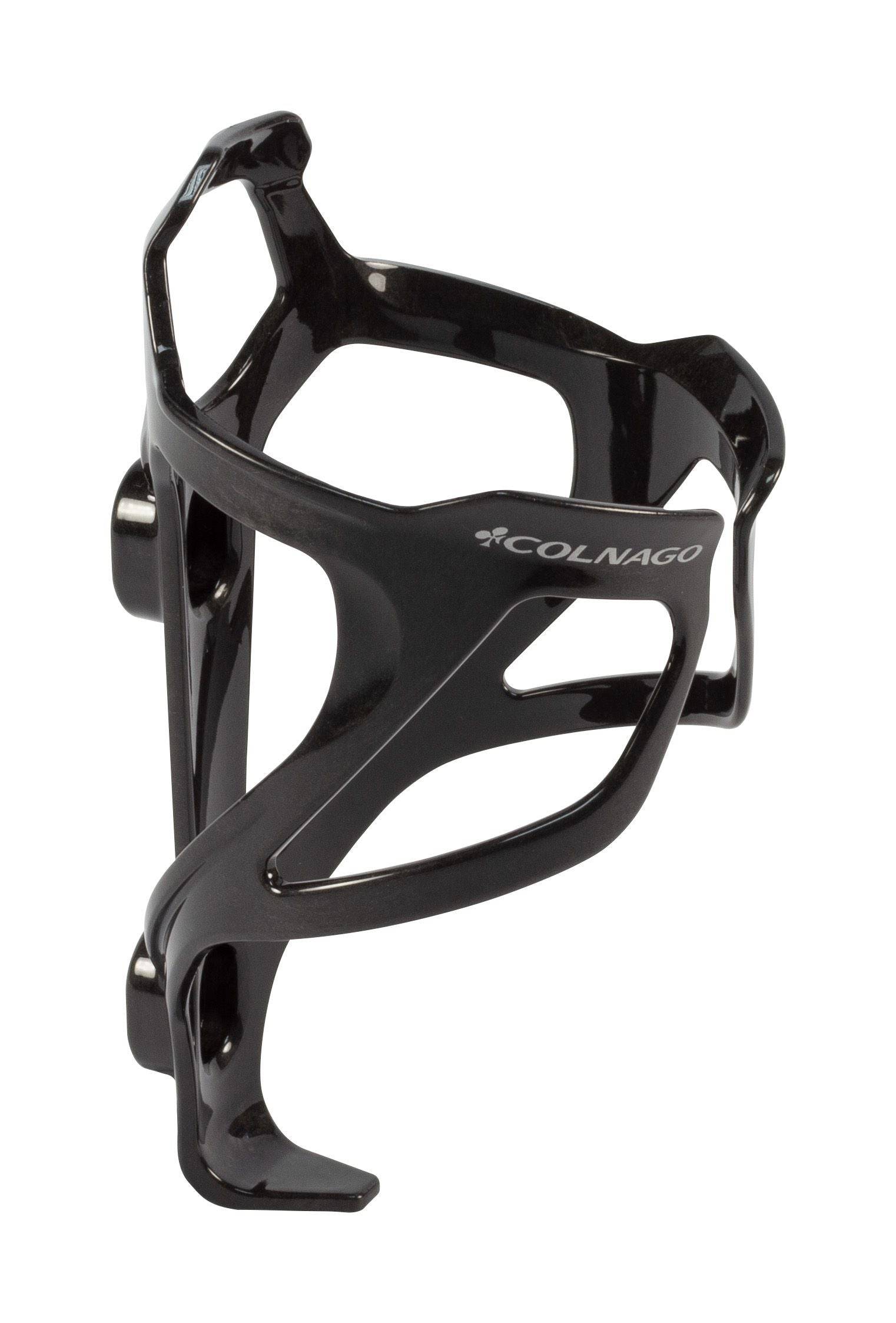 Colnago BC02 carbon bottle cage in gloss black with silver logo, designed for cycling accessories and bottle holding.