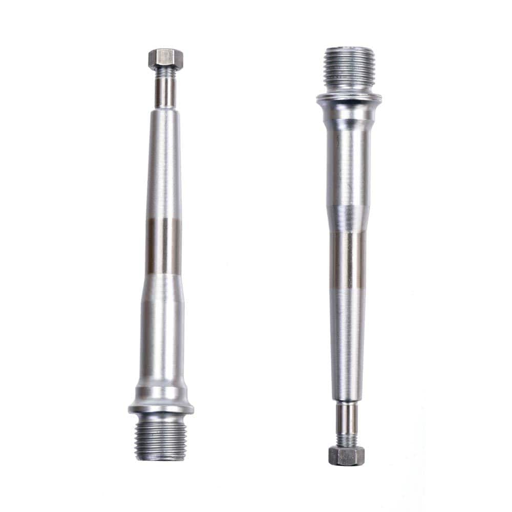 HT Components replacement axles made of CNC Cro-mo and titanium for bike spares and accessories, shown in the image.