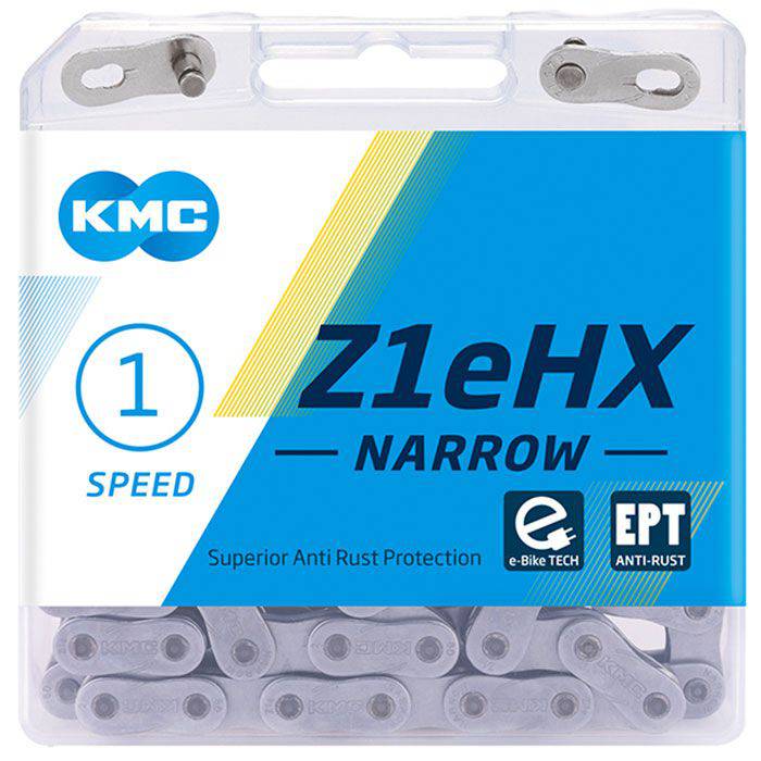 KMC Z1Ehx Narrow EPT 128L chain for mid-motor e-bikes and single-speed systems, showing the chain links and branding.