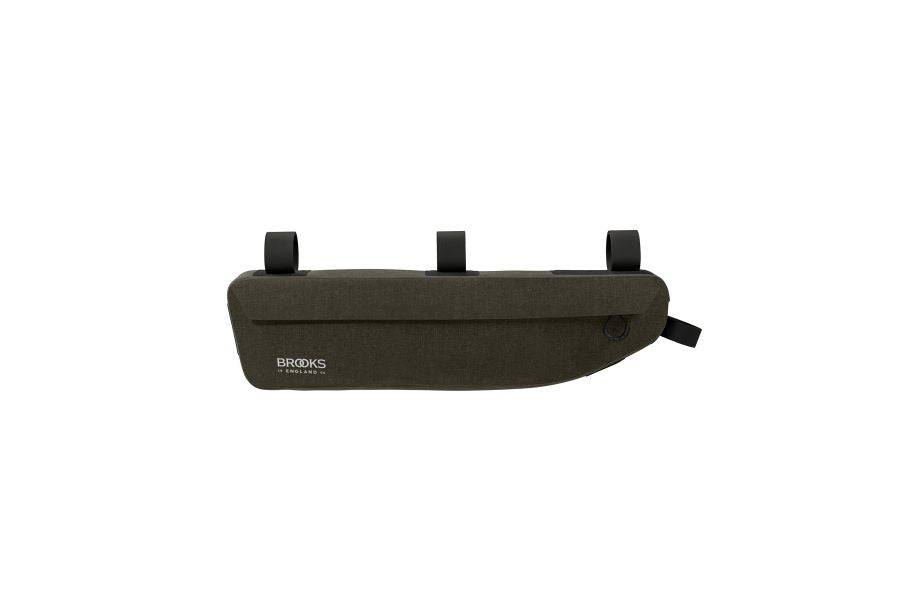 Brooks Scape waterproof bike frame bag in mud green with 3L capacity, ideal for cycling accessories and adventure gear.