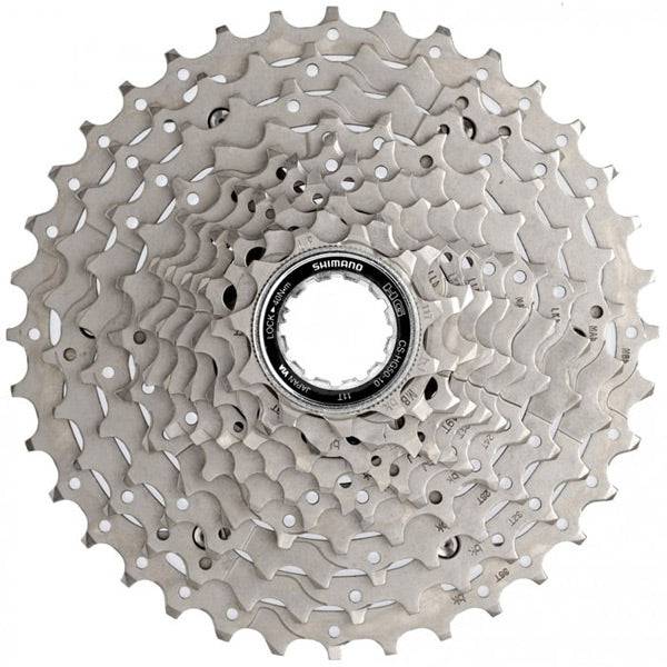 Shimano Deore 10-speed MTB cassette with 11-36T gear range, showing silver sprockets for smooth shifting on mountain bikes.