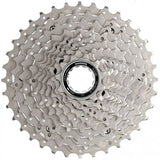 Shimano Deore 10-speed MTB cassette with 11-36T gear range, showing silver sprockets for smooth shifting on mountain bikes.
