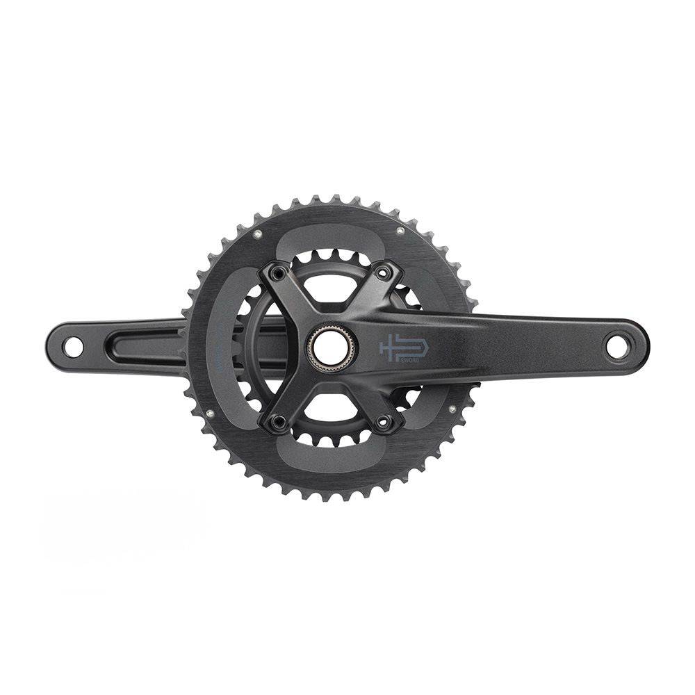 MicroSHIFT Sword 2x crankset with 24mm spindle for road cycling, showcasing the lightweight component with chainrings and crank arms.