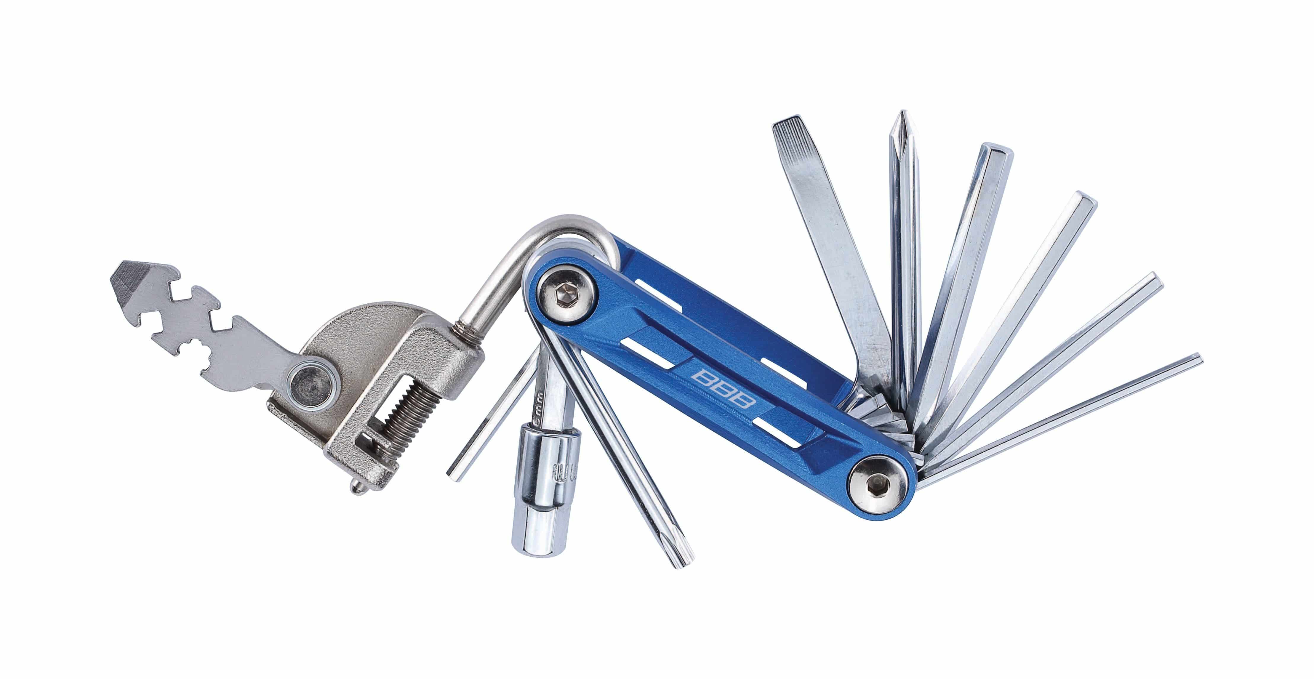BBB BTL-48L PrimeFold mini bike repair tool kit with 16 functions, compact folding workshop tool for bike maintenance.