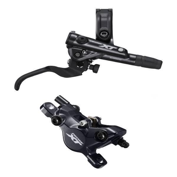 Shimano Deore XT hydraulic post mount caliper brake lever set for mountain bikes, featuring durable construction and ergonomic design.