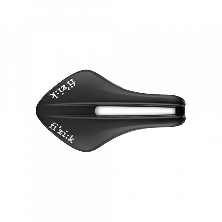 Fizik Transiro Aeris R3 long distance triathlon saddle with split-nose design in black, designed for comfort and performance.