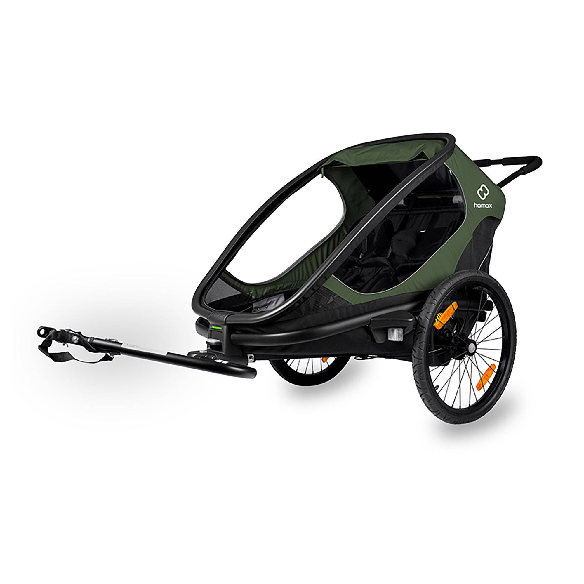 Hamax Outback Twin child bike trailer with suspension and safe connection point, designed for outdoor family cycling adventures.
