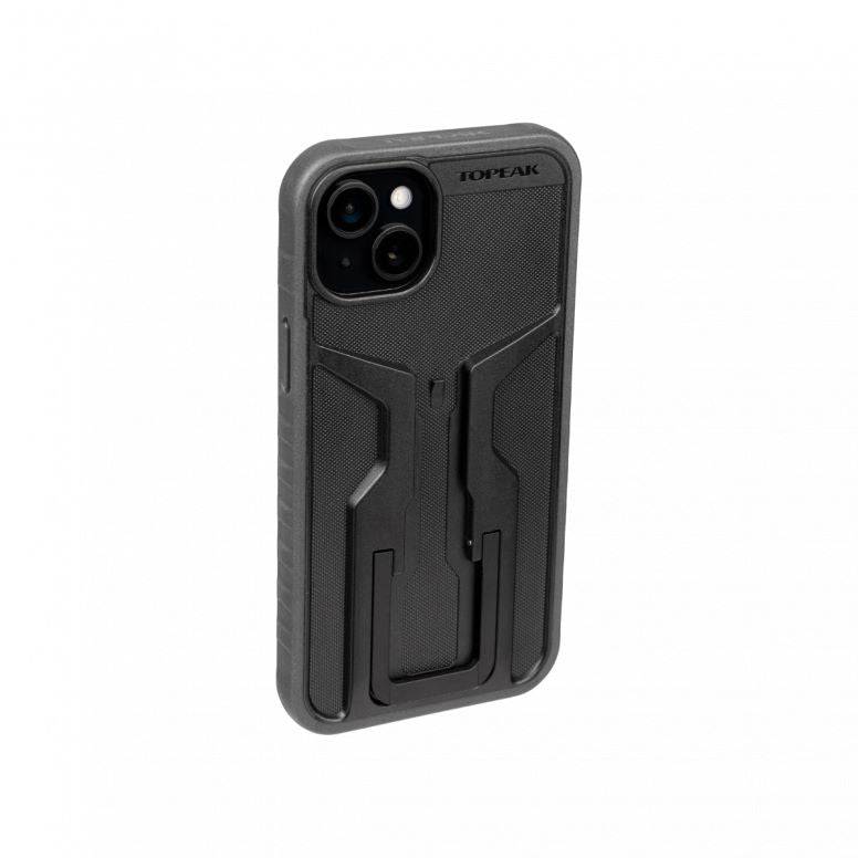 Topeak iPhone 15 Plus Ridecase in black with flip stand and charging support, showcasing protective phone accessories.