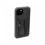 Topeak iPhone 15 Plus Ridecase in black with flip stand and charging support, showcasing protective phone accessories.