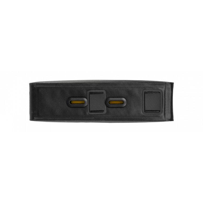 Topeak Toploader Drybag 1L waterproof bikepacking bag mounted on bike top tube in black, designed for secure storage during rides.