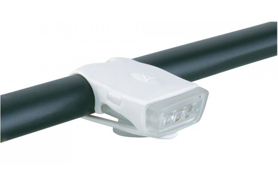 Topeak Whitelite DX USB rechargeable bike light with white casing and flexible strap for bike safety and visibility.
