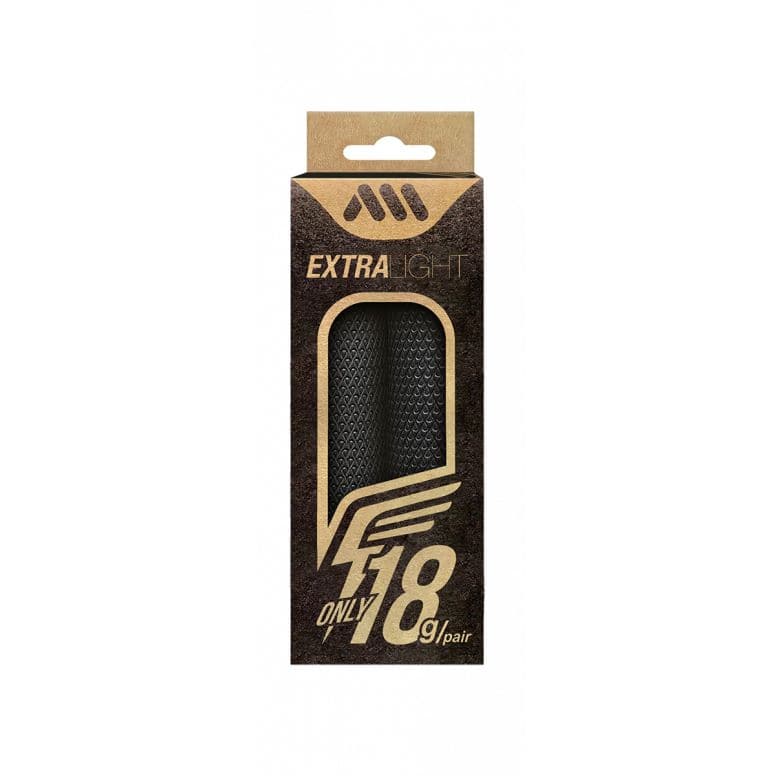 All Mountain Style Extralight Black bike grips for cross country mountain bikes, 130mm length, close-up view of textured handles.