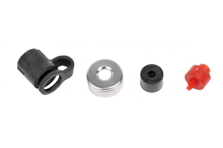 Topeak Shuttle Gauge Digital Rebuild Kit with Presta and Schrader valve parts, cap, and dustcover for bicycle tire maintenance