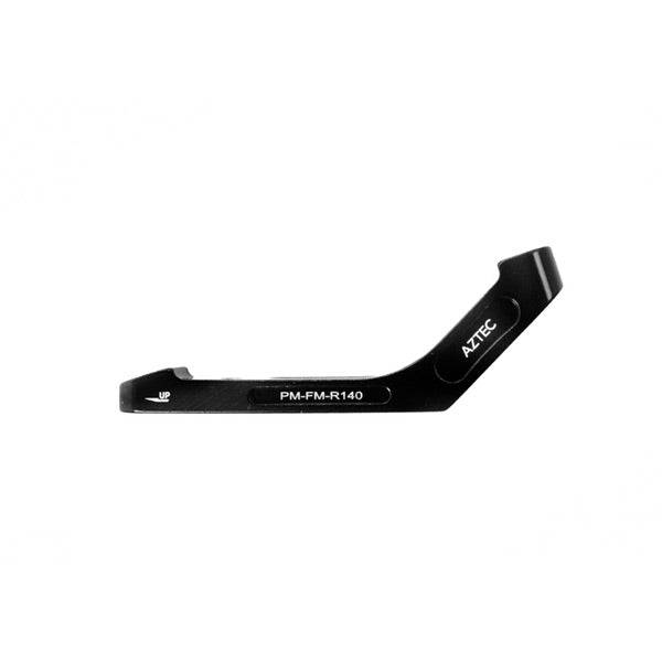 Aztec 140mm rotor adapter post mount to flatmount caliper conversion for bike brake components, shown with mounting hardware.