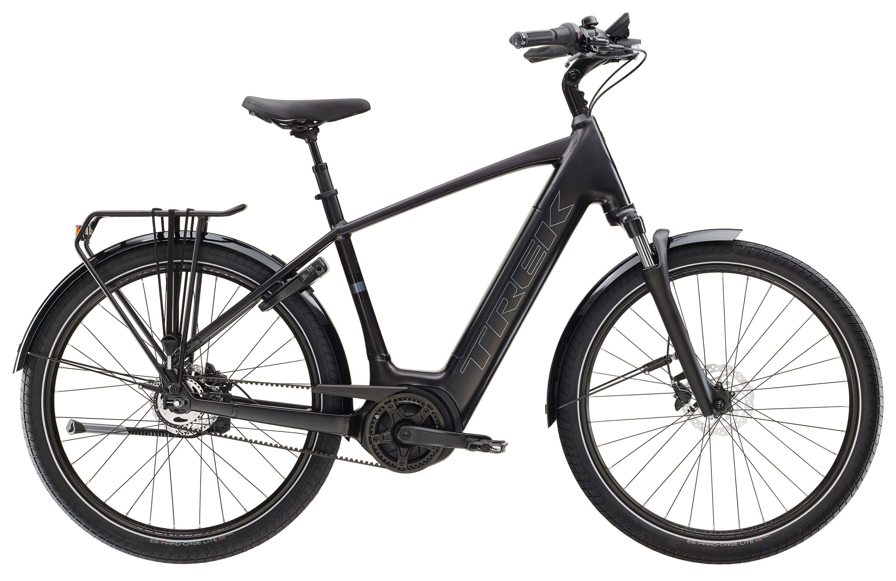 Trek District+ 4 electric hybrid bike for urban commuting, featuring a sleek frame, handlebars, and battery pack for versatile riding.