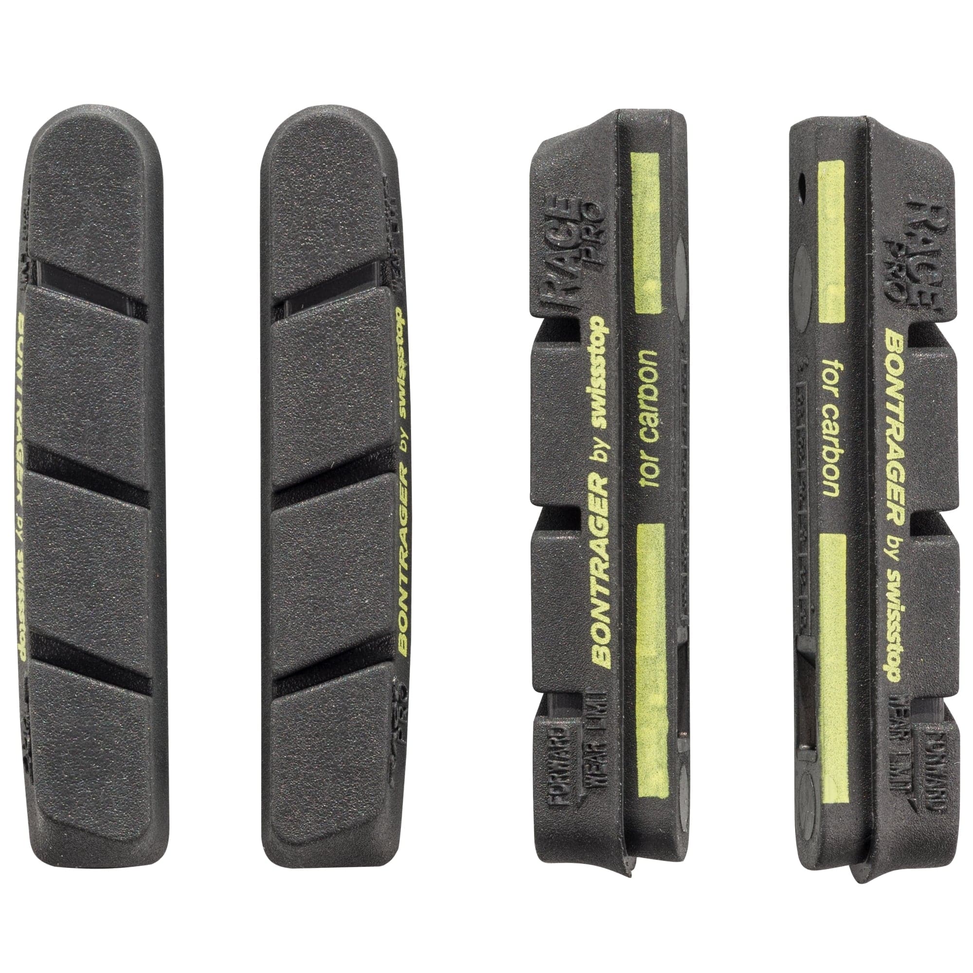 Bontrager Black Prince Race Pro brake pads for carbon rims, compatible with Campagnolo, shown with mounting surface and brake material.