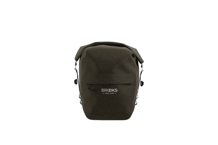 Brooks Scape waterproof pannier with Klick Fix® attachment for bike racks, designed for durable cycling gear storage.