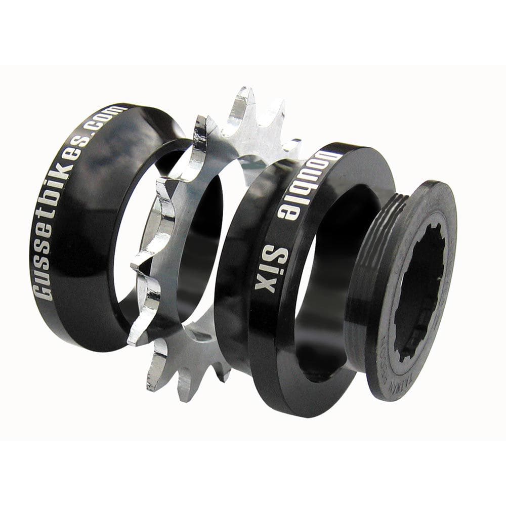 Gusset Components double six single speed conversion kit with alloy spacers and steel 12T cog for Shimano HG freehub on a bike