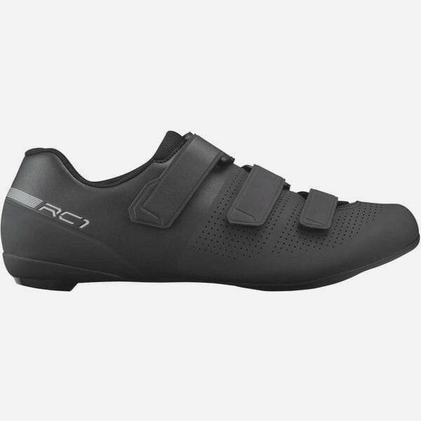 Shimano RC1 unisex road cycling shoes with stiffness 6 sole, black with Shimano branding and adjustable straps.
