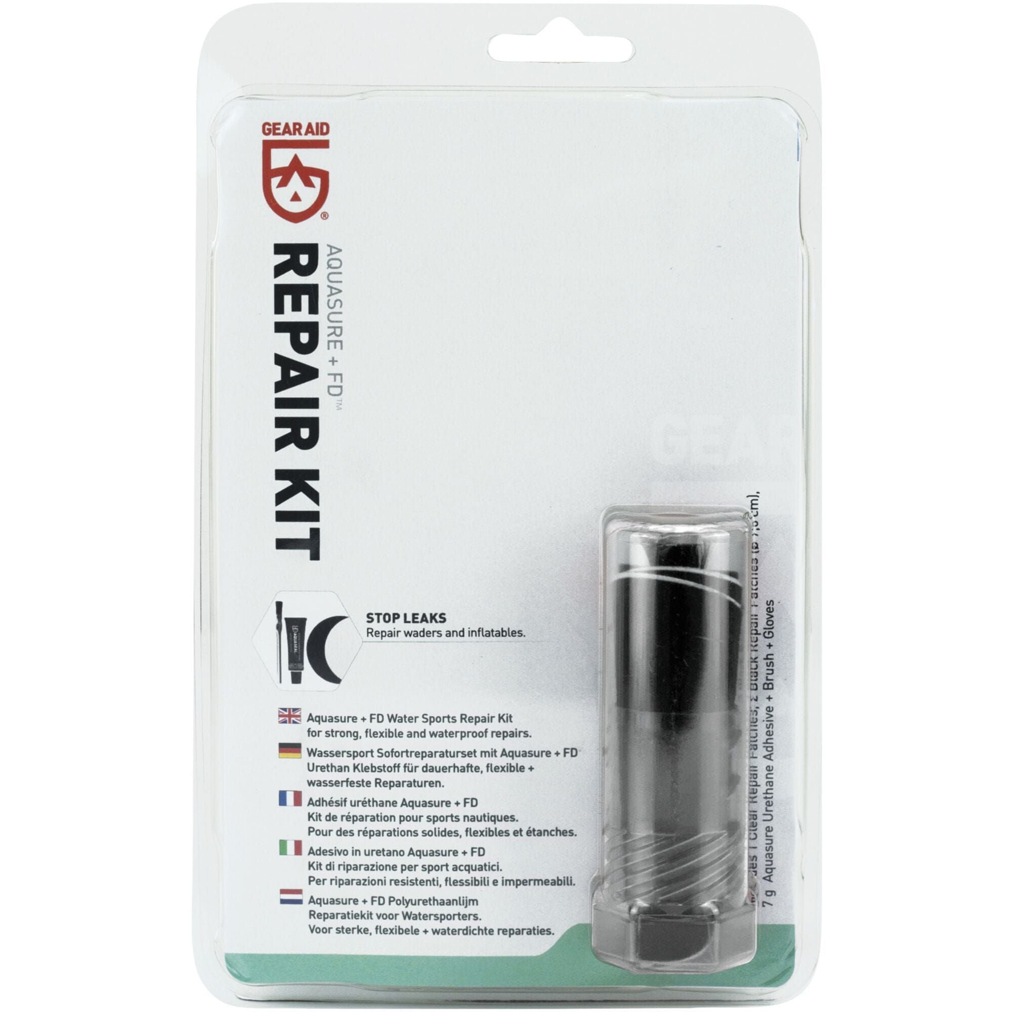Gear Aid Aquasure Repair Kit with Tenacious Tape for outdoor gear repairs, showing repair patches and tape on clothing material.