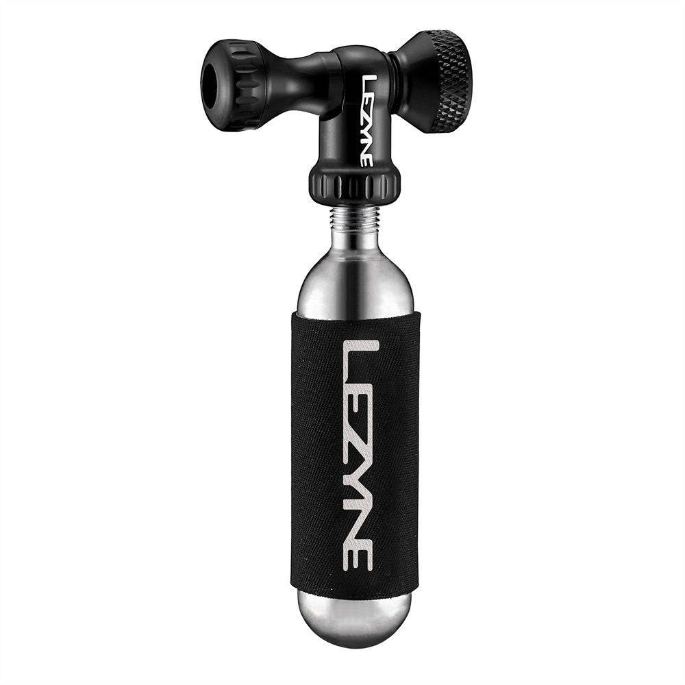 Lezyne Control Drive CO2 inflator in black with mount, compact bike tire pump accessory for quick inflation.