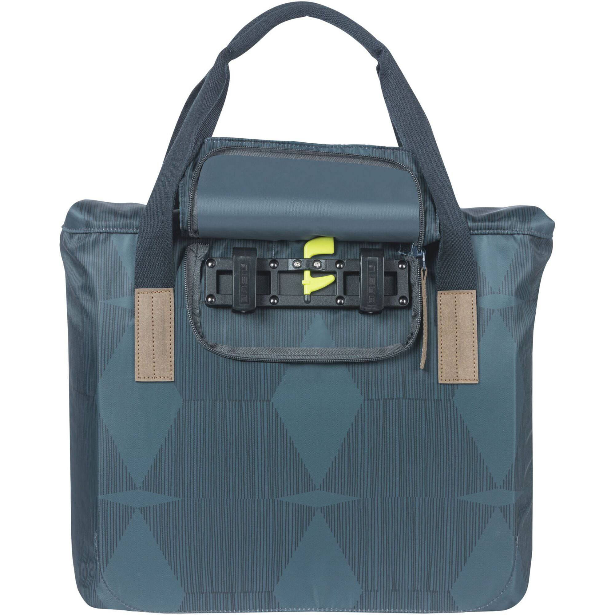 Basil Elegance bicycle shopper bag in estate blue with hook-on system, 20-26L capacity, designed for cycling accessories.