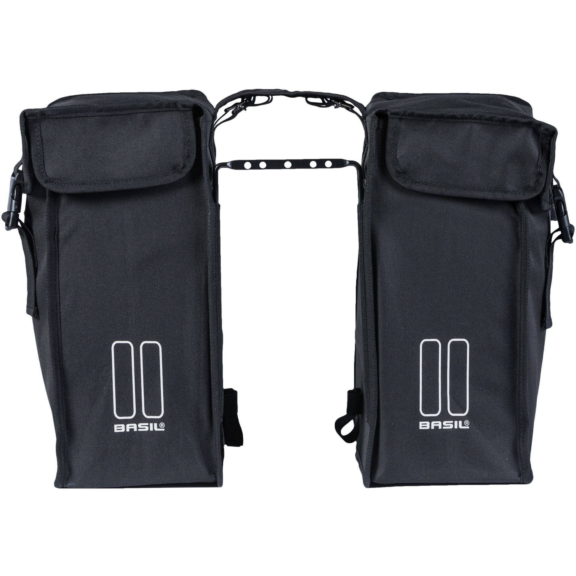 Black Basil distance holder for double panniers with rear light mount, accessory for bike luggage and rear lighting setup.