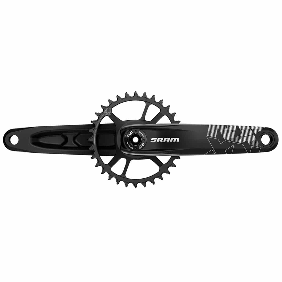 SRAM NX Eagle Boost 148 DUB 12-speed crankset with 32T X-Sync 2 steel chainring in black, bike component.