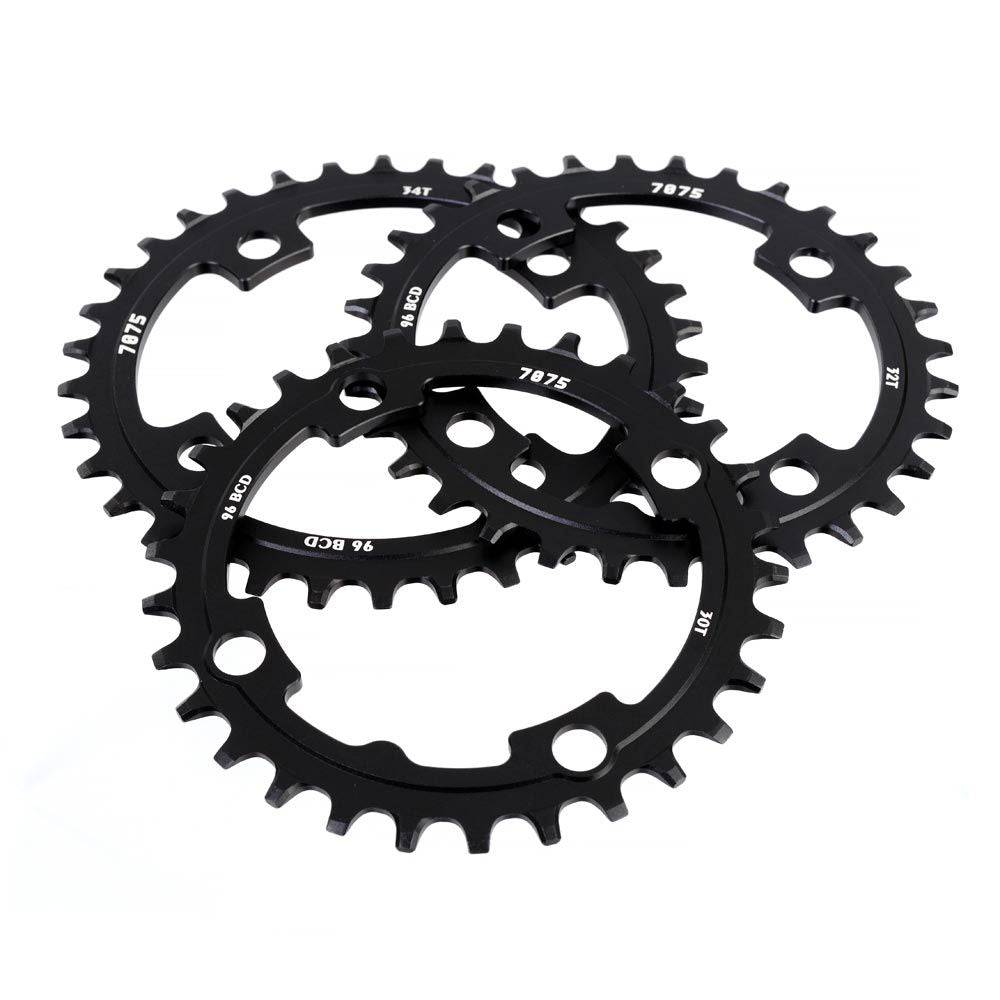 SunRace CRMX00 narrow-wide MTB chainring with 96 BCD for 4-arm cranksets, showcasing the black aluminum component with tooth design.